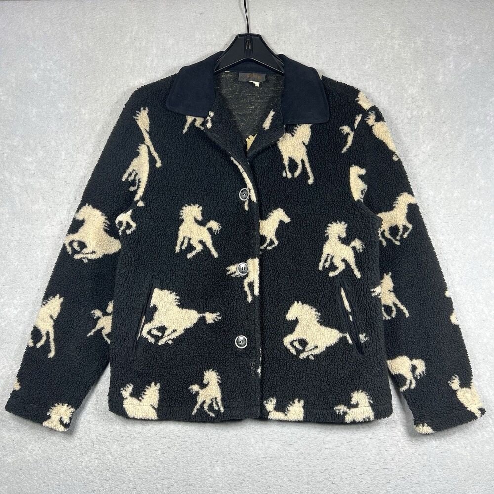 VTG David Paul New York Fleece Jacket Womens Small Beige Horse Print Equestrian